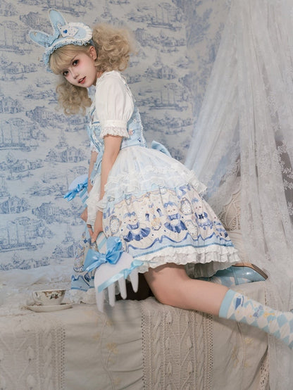 Blue Alice Bunny Lolita Dress Print Clock Sweet and