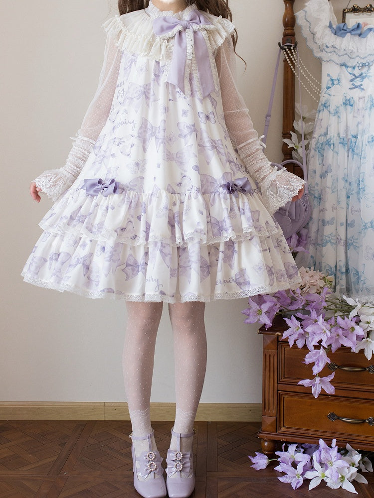 Robe Lolita violette à gros nœud sur le décolleté et imprimé nœuds double épaisseur