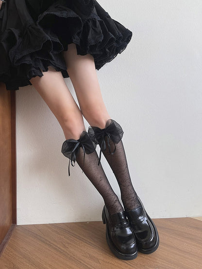 Underknee Stockings Design Black/White Bowknot