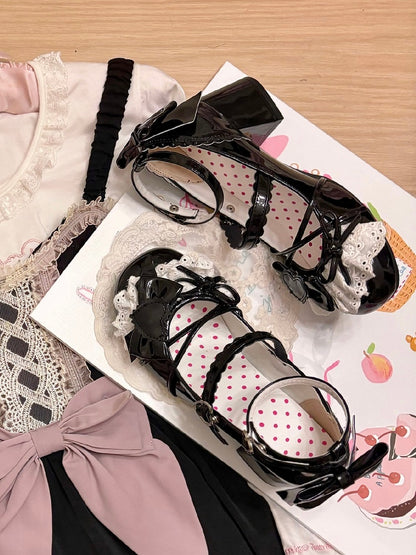 Jane Lace-Trim Polished Lolita with Heel Buckles Mid Bow Mary Sweet Heels Black Top - Heart