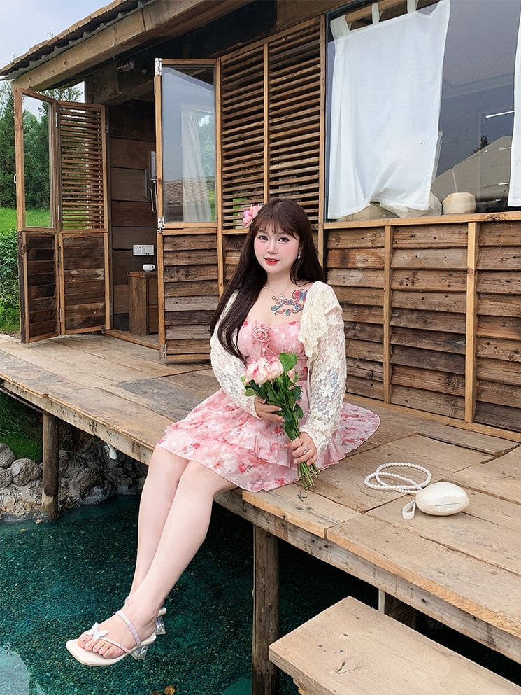 Skirt High-low Rosette Print Cami Pink Ruffle Plus Size Basque Waist Cascading Dress