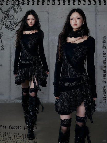 Black Ruched Rhinestone Asymmetrical Blend Cross with Dress Neck Hem
