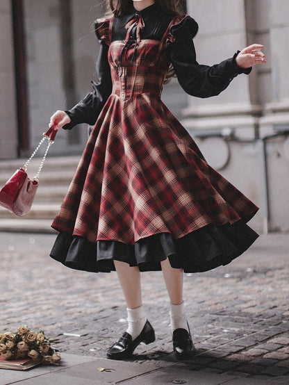 Pattern Plaid Waist Dress Red Basque