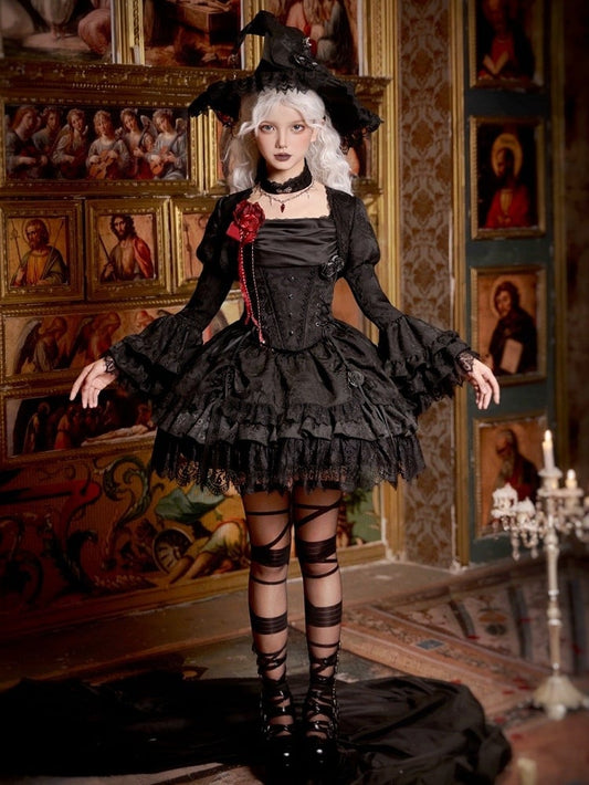 Black Drawstring Detail Gothic Lolita Layered Skirt