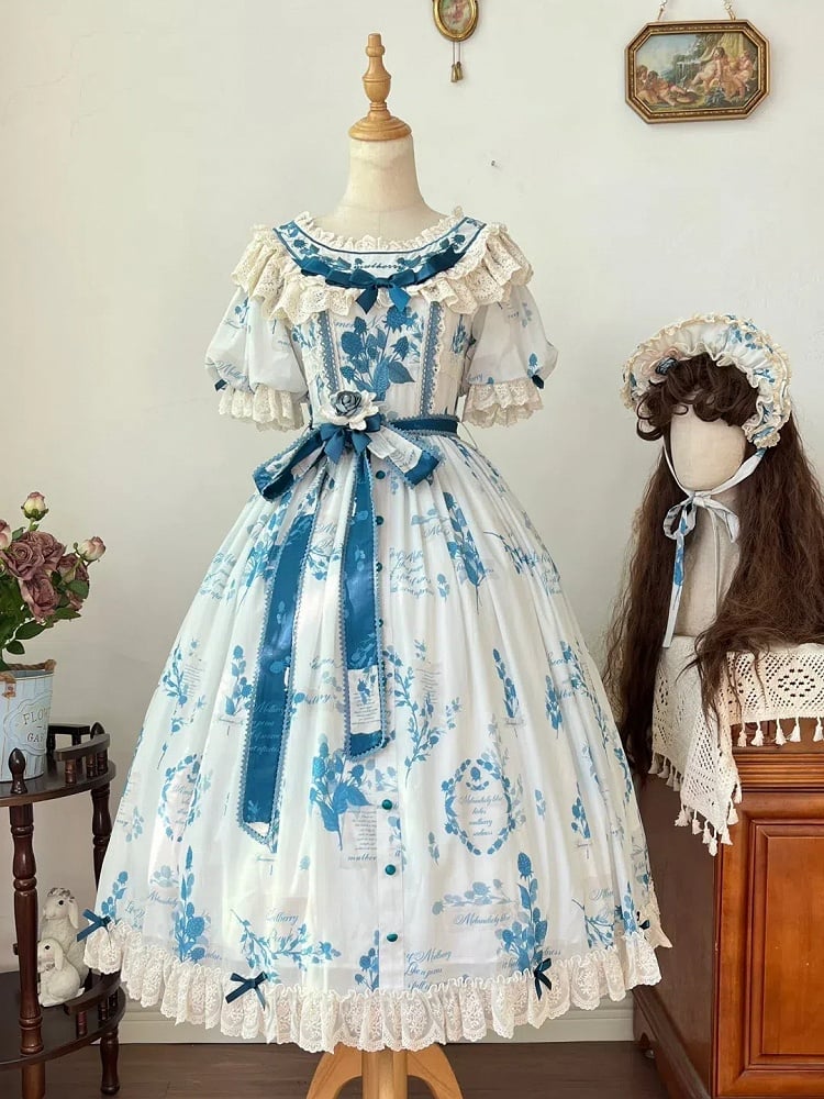 Poetry‌ Print Blue and Sizes Classic Sash Dress Plus with Available Self-tie Elegant Mulberry Lolita