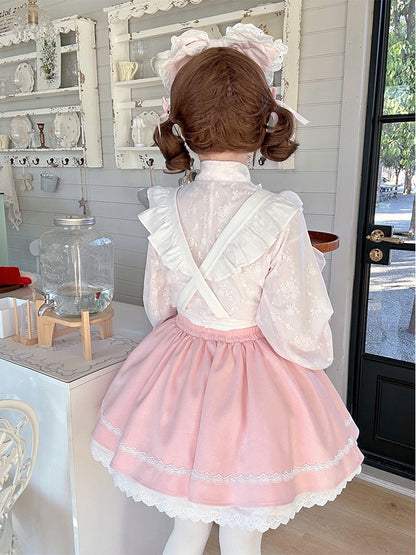 Pink & White Sakura Jirai Kei Full Set-Bell Sleeves Top+Puff Skirt+Apron Cherry Blossom Festival Wa Style Outfit