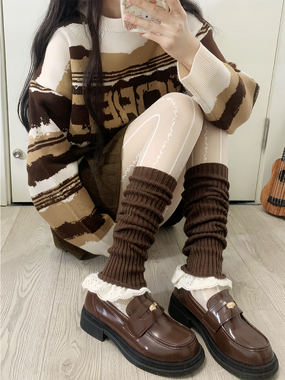 Coffee Sweet Lace Trim Knitted Leg Warmers
