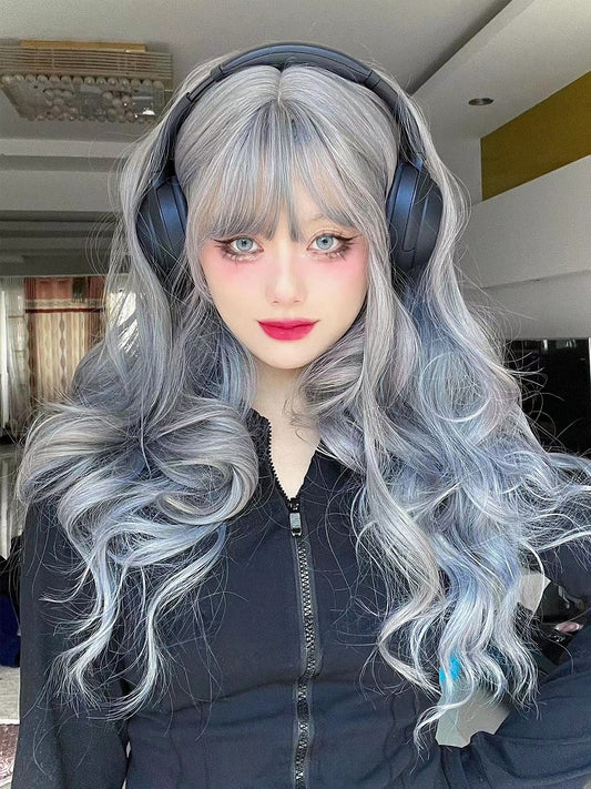 65CM With And Ombre Air Wavy Length Wig Gray Bangs Blue