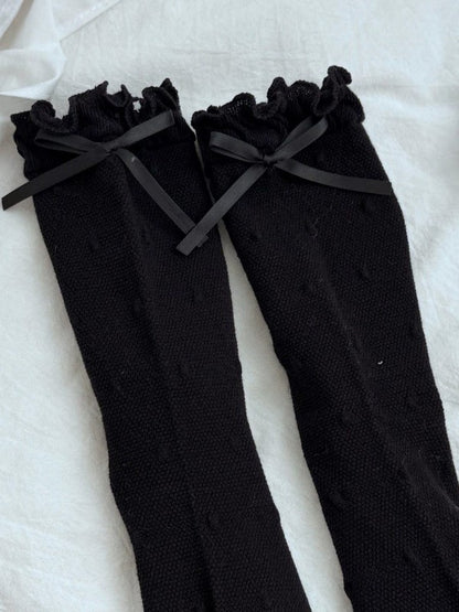 Pattern Polka-dot Bowknot Details Calf Cuffs Socks Ruffled White/Black/Pink/Blue/Yellow