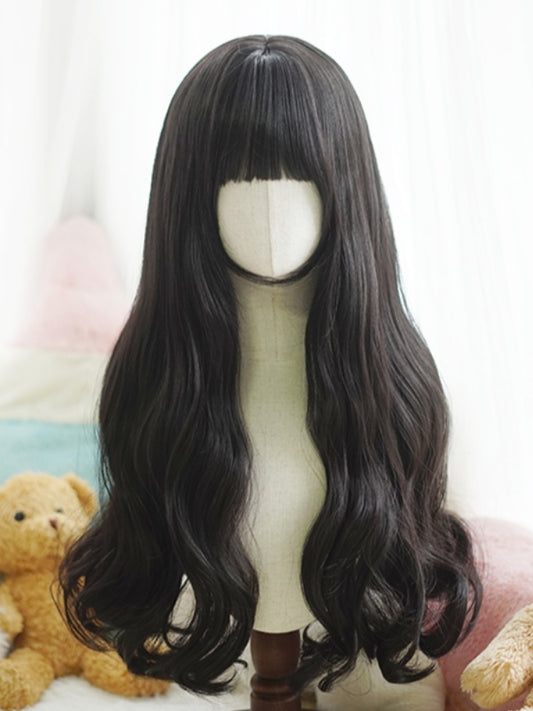 Black/White/Light Blonde/Blonde/Caramel/Grey Waist Length Wavy Wig With Full Bangs