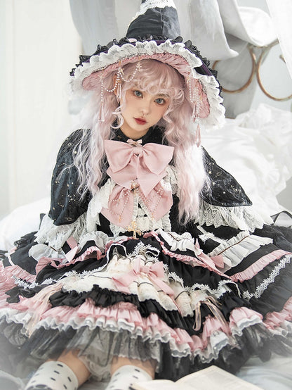 Black and Pink High Waist Sweet Witchy Dress Lolita Jumper Skirt Full Set