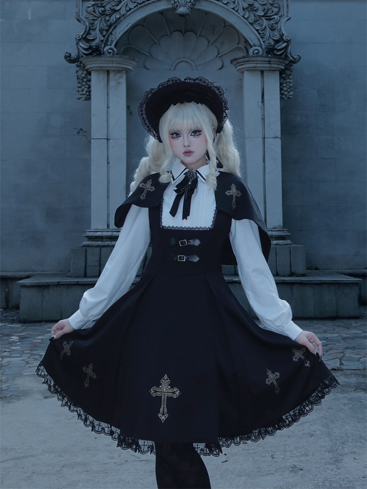 Black & Gold Cross Print Cape Design Gothic Dress Nun Lolita OP