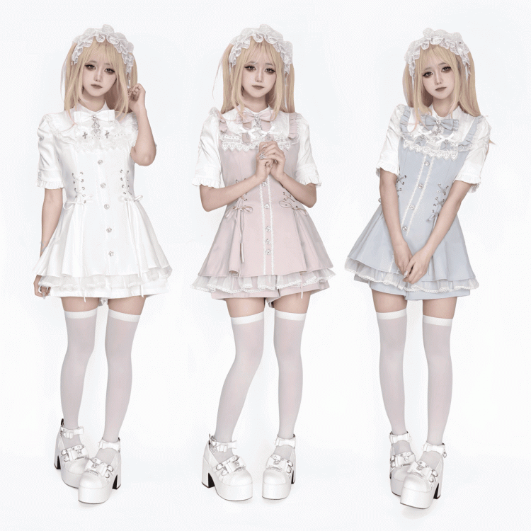 Bow Short Tie Bib Detachable Kei with Dress All-White Jirai Set Sleeve