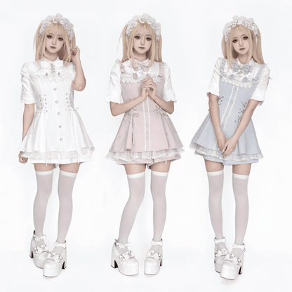 Bow Short Tie Bib Detachable Kei with Dress All-White Jirai Set Sleeve