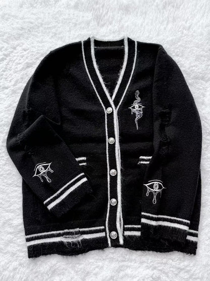 Eye  and Snake Embroidery Knit Cardigan Guro Distressed Holes Kawaii Black with