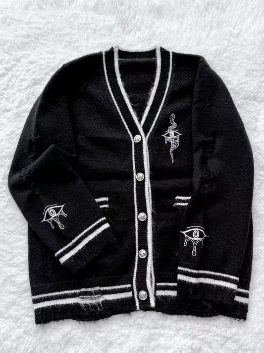 Eye  and Snake Embroidery Knit Cardigan Guro Distressed Holes Kawaii Black with
