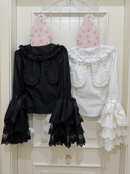 / Ears Collar Black Sleeves White Pink Bunny Long Shirt