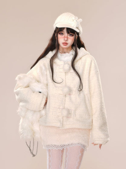 Apricot Bunny Ear Design Thick Hooded Coat