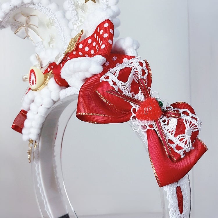 Sweet KC Details Bunny Lolita Ohren Erdbeere verziert Schleife RotWeiß