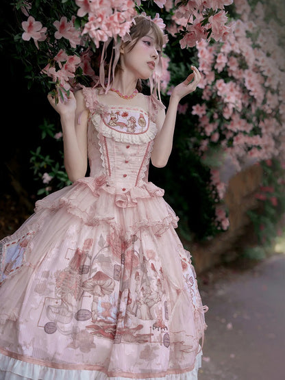 Pink Bunny Basque Waist Mushroom Skirt Princess and Jumper Lolita Print
