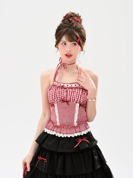 Summer Lace Trim Red  White Plaid Halter Neck Top Holiday