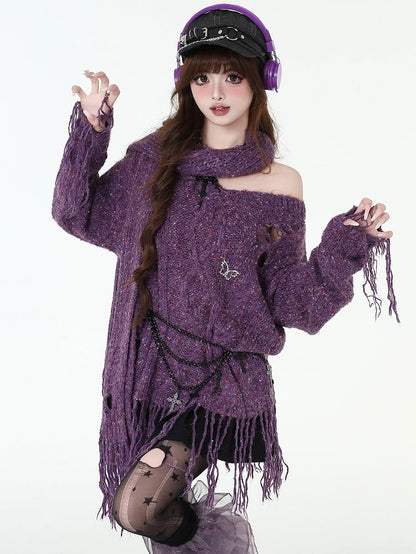 Distressed Holes Fringe Hem Purple Sweater with Free Sacrf