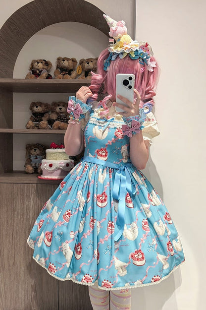 Dress Print Skirt Cute Lolita Jumper Showa Fluffy Kitty Blue Sweet