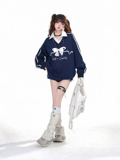Navy Blue Polo Collar Faux Two-pieces Sweatshirt with Detachable Bow