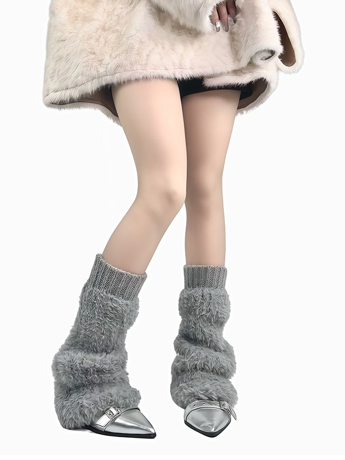 Jambières en peluche à poignets tricotés blanc cassé/gris/noir