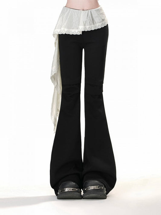 Hem Flared Pants Design Asymmetrical Black Elastic Waist Patchwork