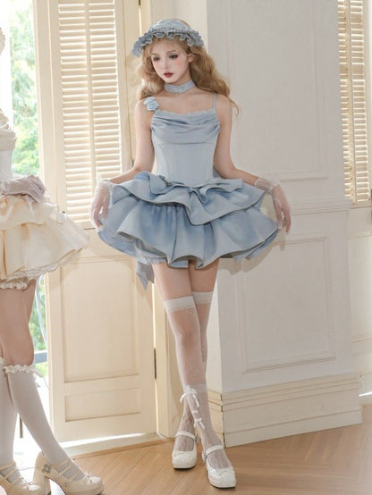 Boned Set JSK Waist Full Straps Elegant Blue Neckline Dress Cowl Spaghetti Lolita
