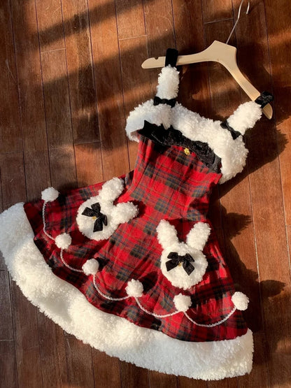 Red Plaid Pattern Winter Bunny Theme Christmas Lolita Dress Plush Neckline and Hemline