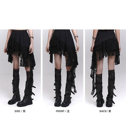 Patchwork Black Lace Cascading Ruffles Skirt