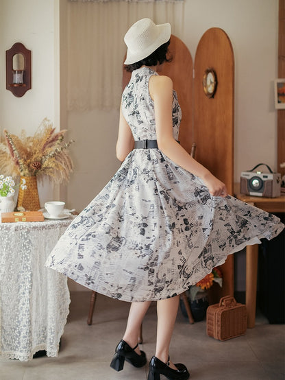 Blazer 1950s Print Collar Retro Newspaper Summer Fashion Dress