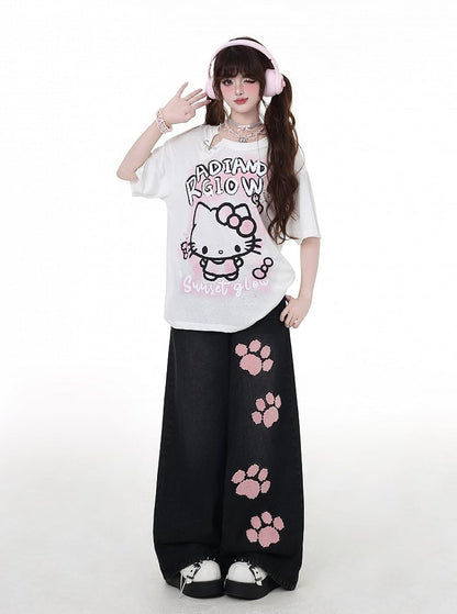 Black Low Waist Straight-Leg Jeans Pink Paw Embroidery