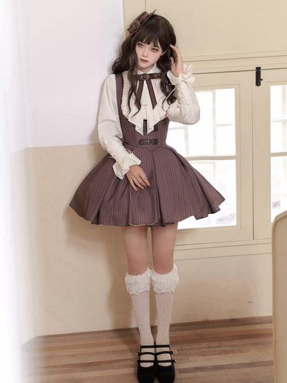 Brown Short Version Under Bust Elegant Classic Lolita JSK + Shirt + Mini Hat + Brooch + Necklace