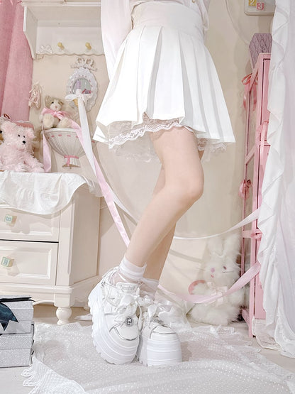 Jirai Kei White Rhinestone Platform Shoes with Detachable Beaded Chain