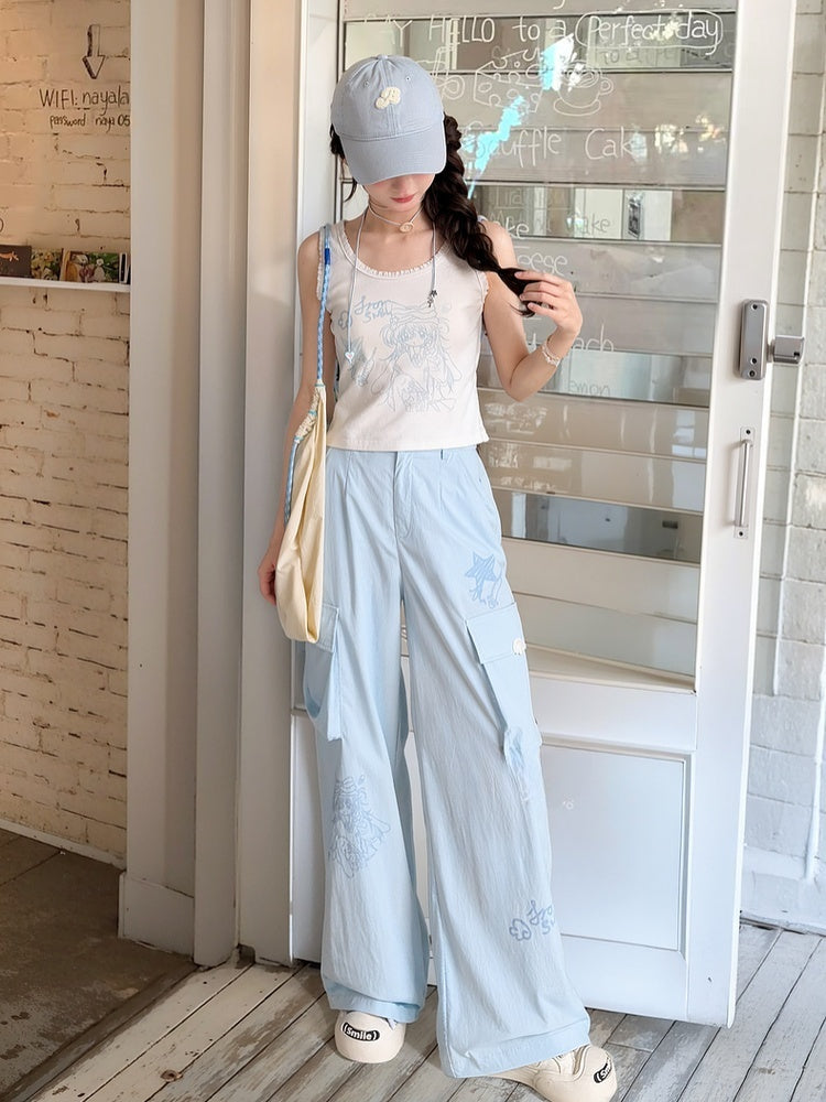 Loose Straight-Leg Pants Pockets Blue Anime Print Cargo