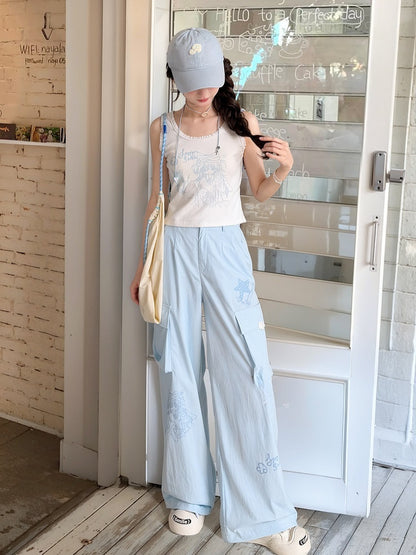 Loose Straight-Leg Pants Pockets Blue Anime Print Cargo