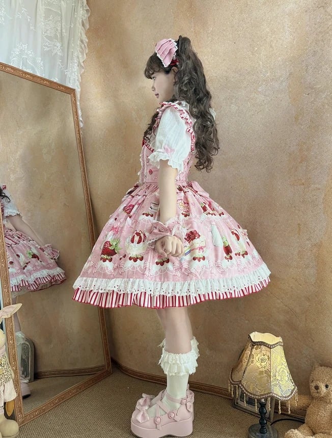 Bows Sweet Skirt and Dessert Lolita Jumper Print Strawberry Pink