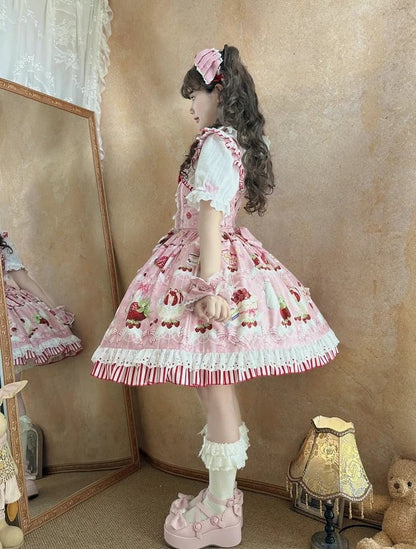 Bows Sweet Skirt and Dessert Lolita Jumper Print Strawberry Pink