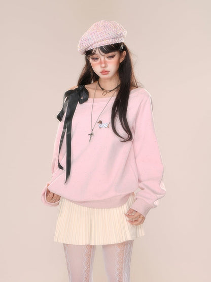 Pink Asymmetrical Neckline Sweatshirt