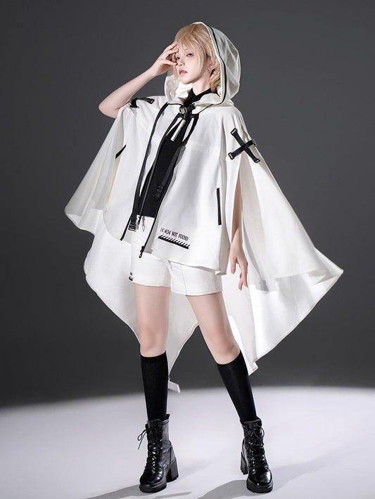 Cape Ouji and Cyberpunk High-low with White Lolita Hem Futuristic Buckle Straps Hooded