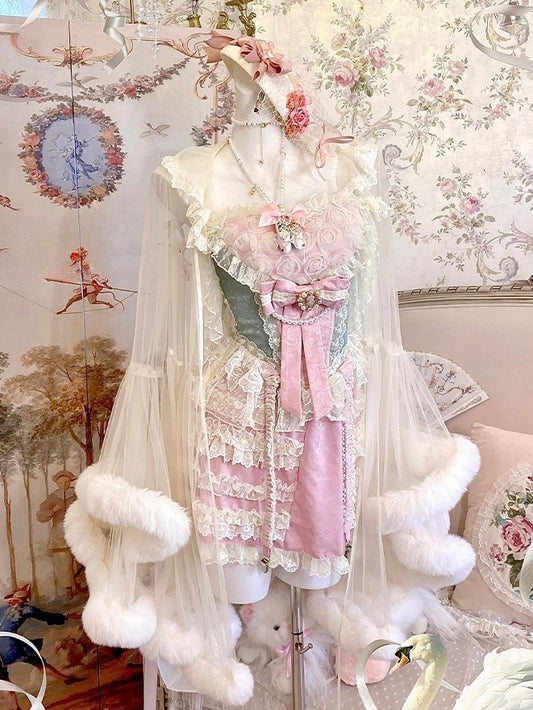 Rococo Sweetheart Skort + Corset Top Green Outfit Pink Neckline Roses