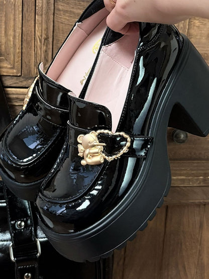 Polished Block Buckles High Bear Platform Slipons Black Heels Hugging Heart