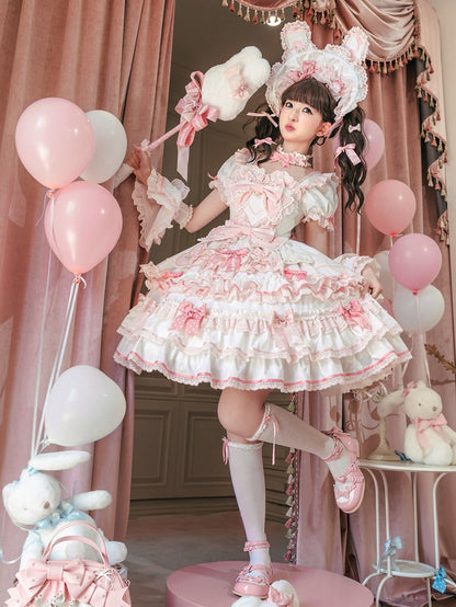 Ruffle One Piece Pink White Sweet Princess and Bow Dress Theme Lolita Bunny Accents