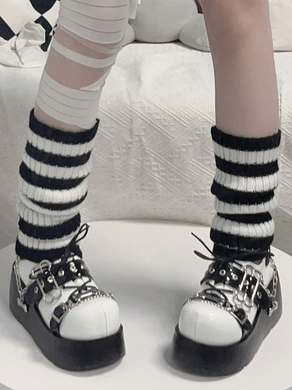 Jirai Kei Polished White&Black Y2K Bone Buckle Strap Platform Shoes