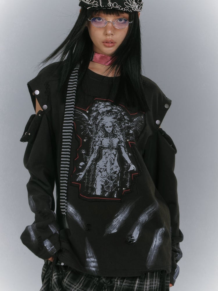 Distressed Sweatshirt Design Black Cutout Shoulder Faded Wash Applique