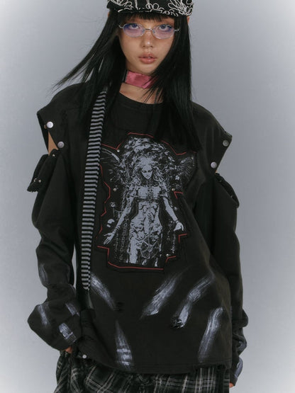 Distressed Sweatshirt Design Black Cutout Shoulder Faded Wash Applique