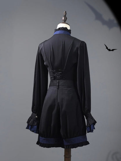 Black and Dark Blue Ouji Lolita Fashion Prince Shirt With Jabot